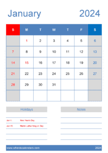 Printable January 2024 Calendar cute J14426