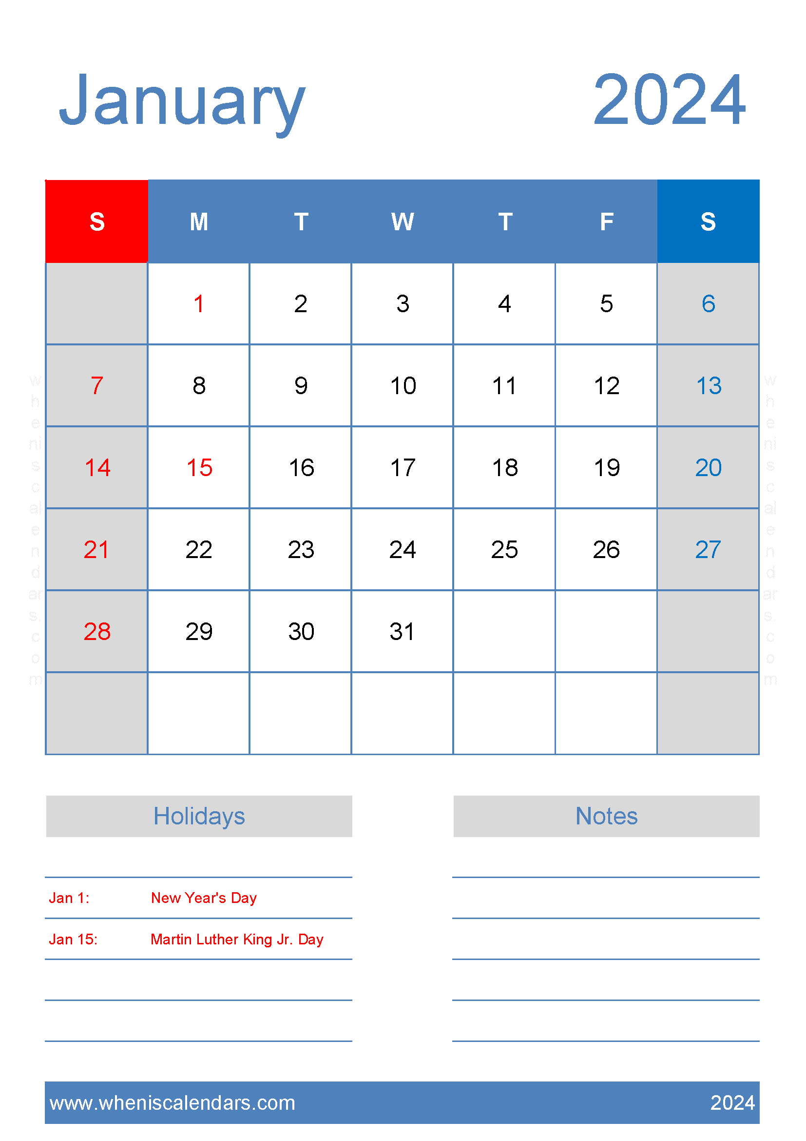 Printable January 2024 Calendar cute Monthly Calendar