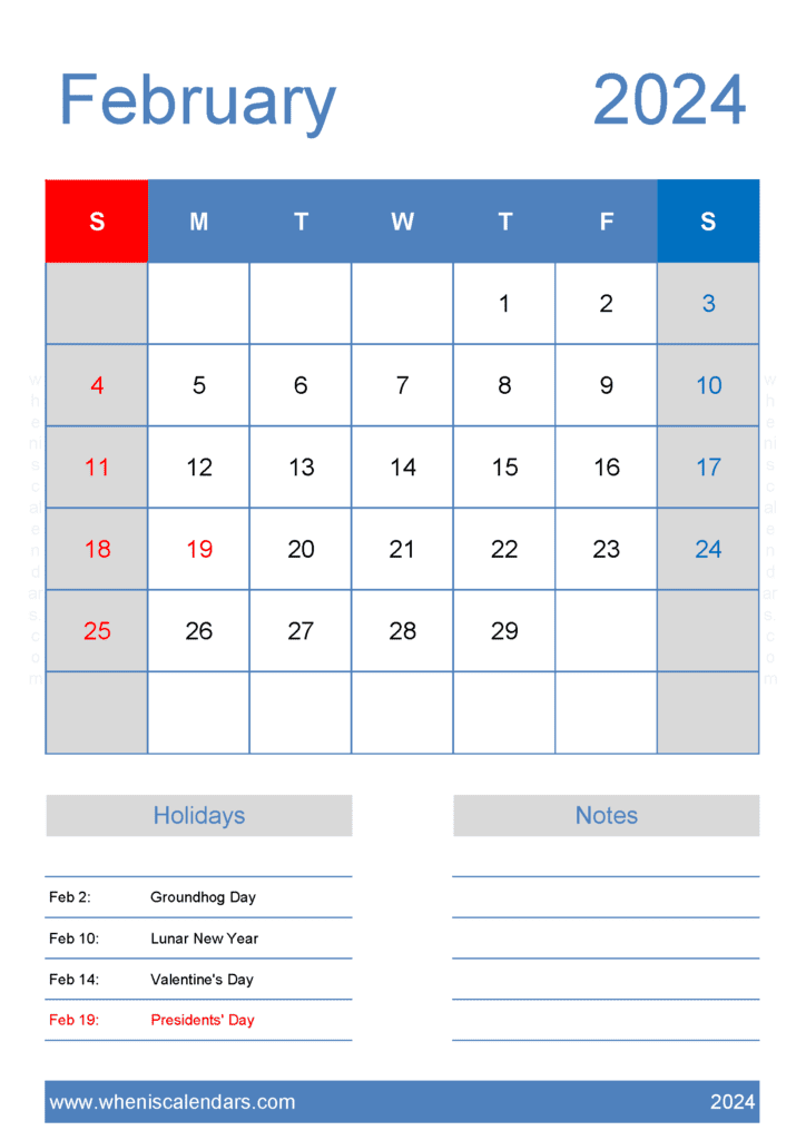 Download Printable February 2024 Calendar cute A4 Vertical F4426