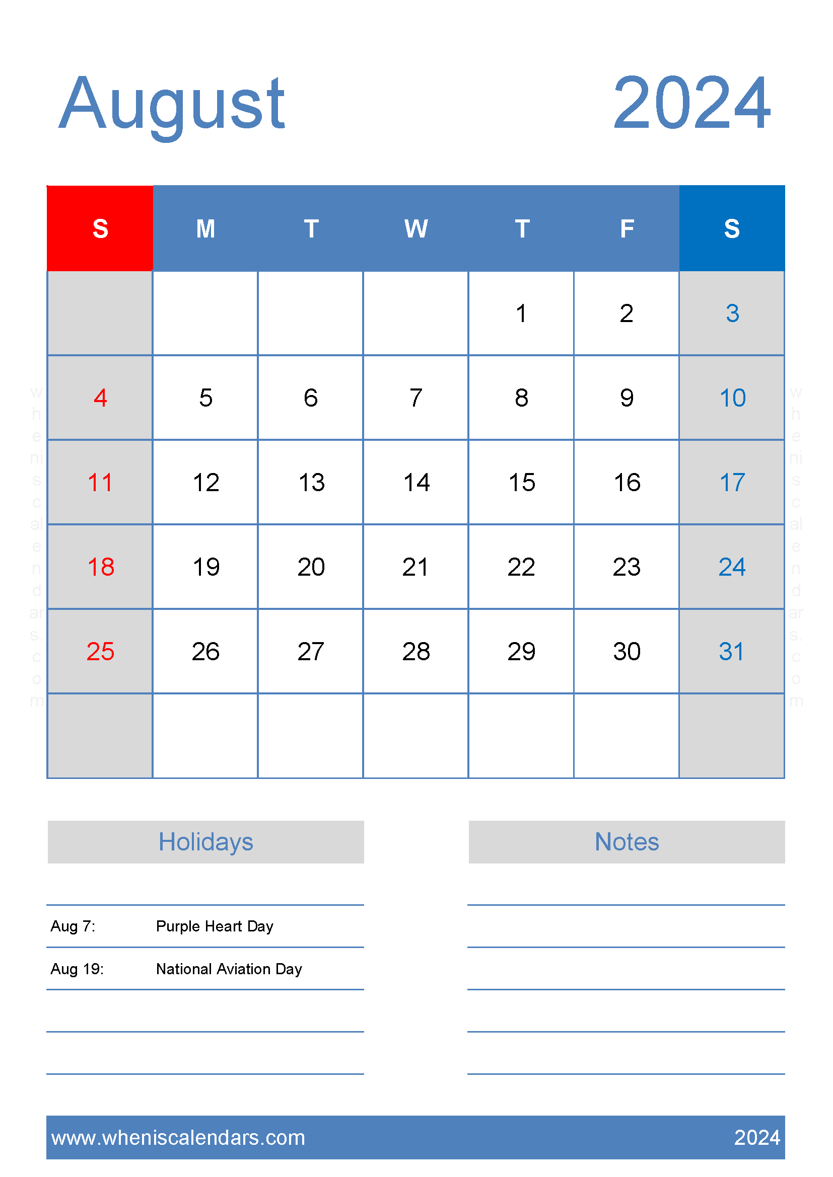 Printable August 2024 Calendar cute Monthly Calendar