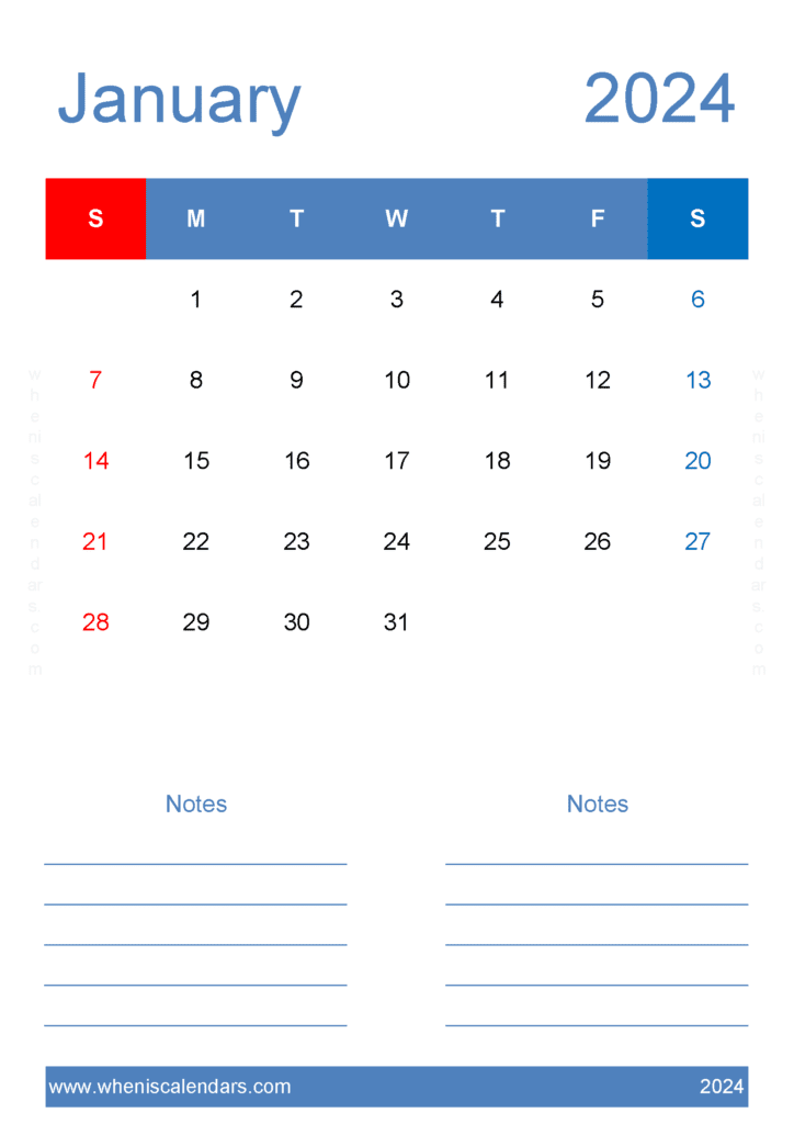 editable January Calendar 2024 Monthly Calendar