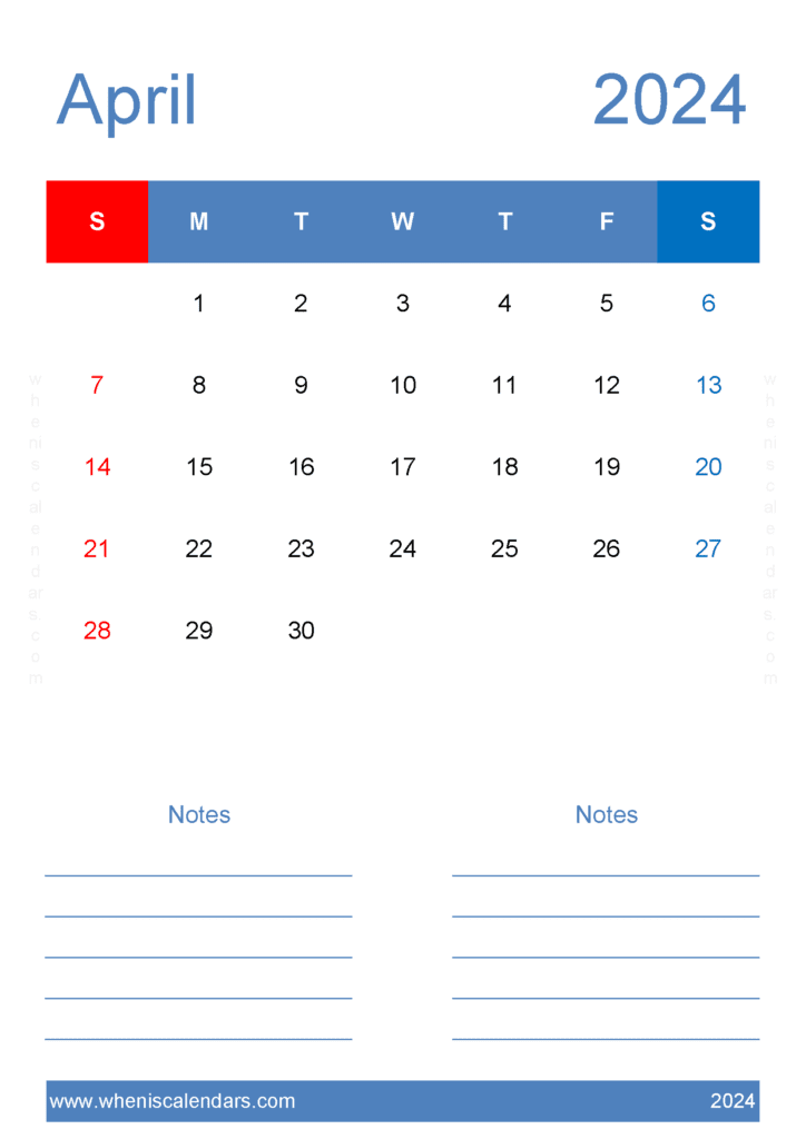 editable April Calendar 2024 A44227