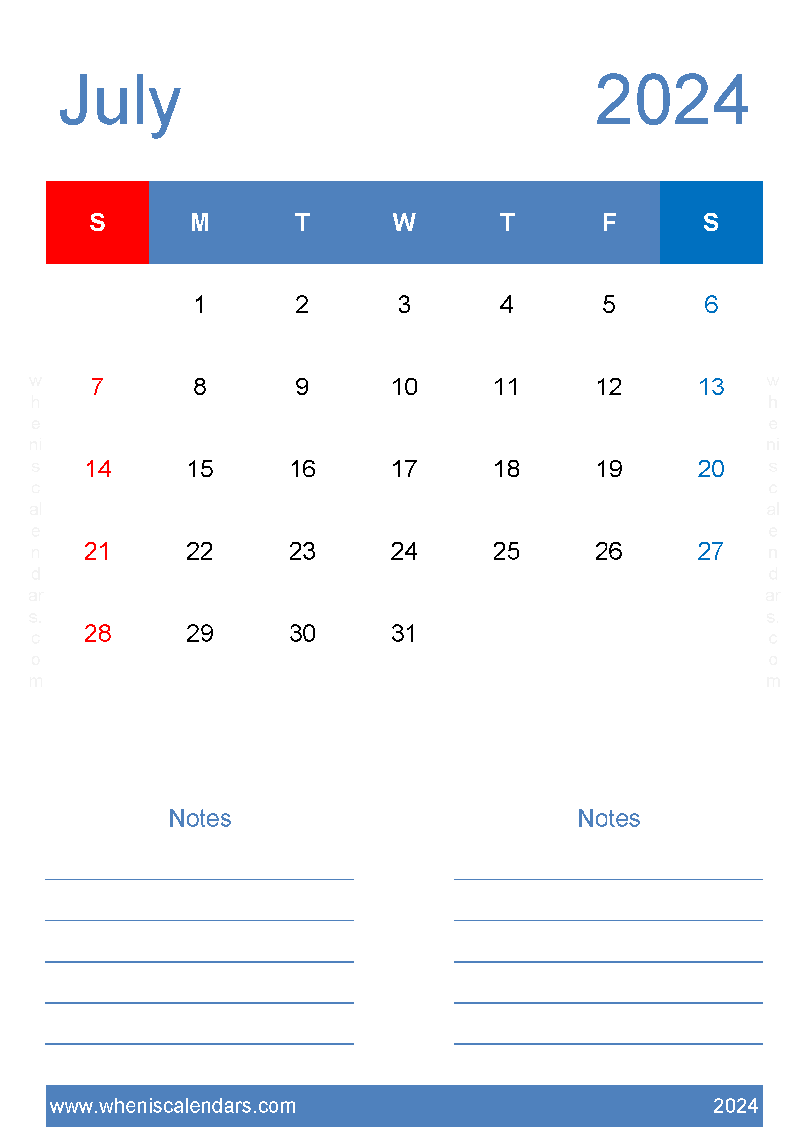 editable July Calendar 2024 Monthly Calendar