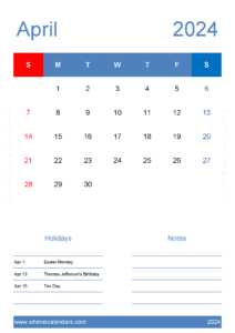 April 2024 Calendar editable Template J14147