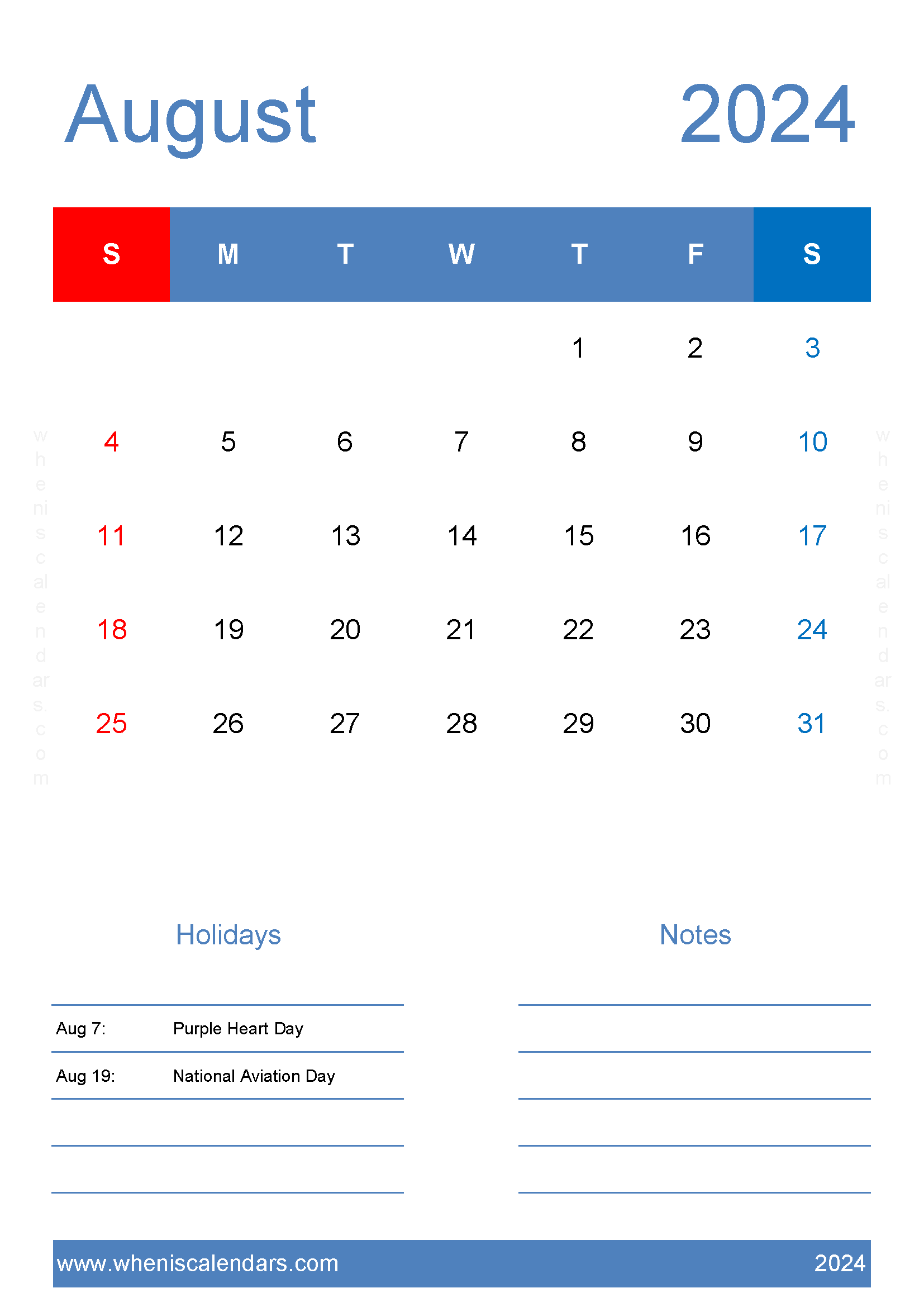 August 2024 Calendar editable Template Monthly Calendar