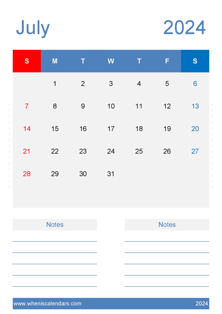 Download Free July Calendar 2024 Printable A4 Vertical J74228