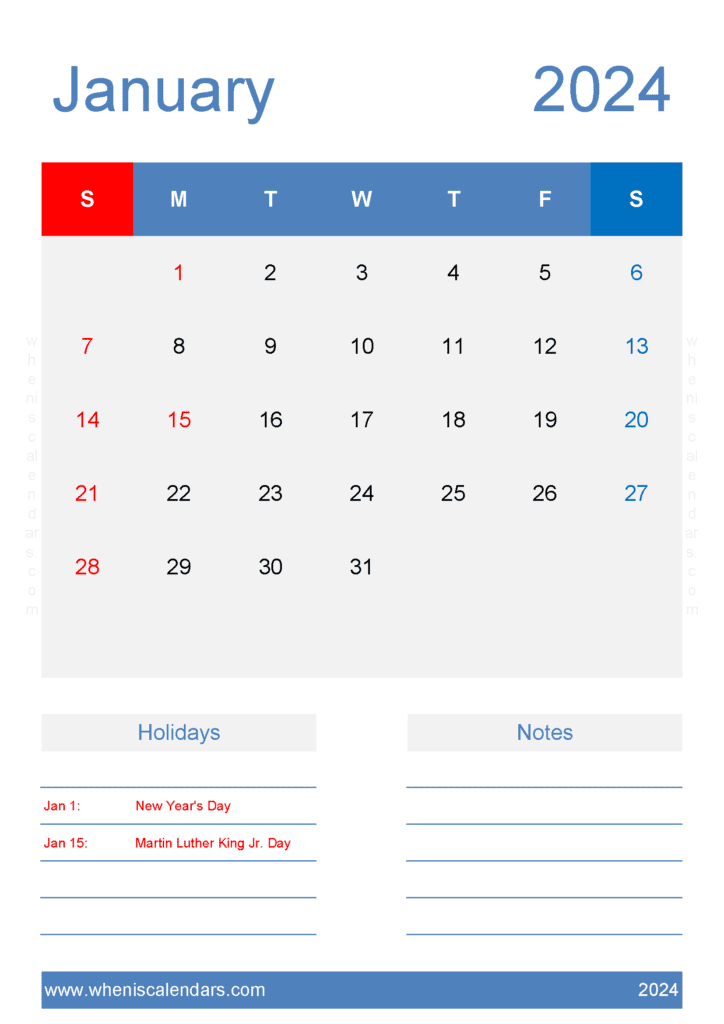 January 2024 Calendar Free download Monthly Calendar