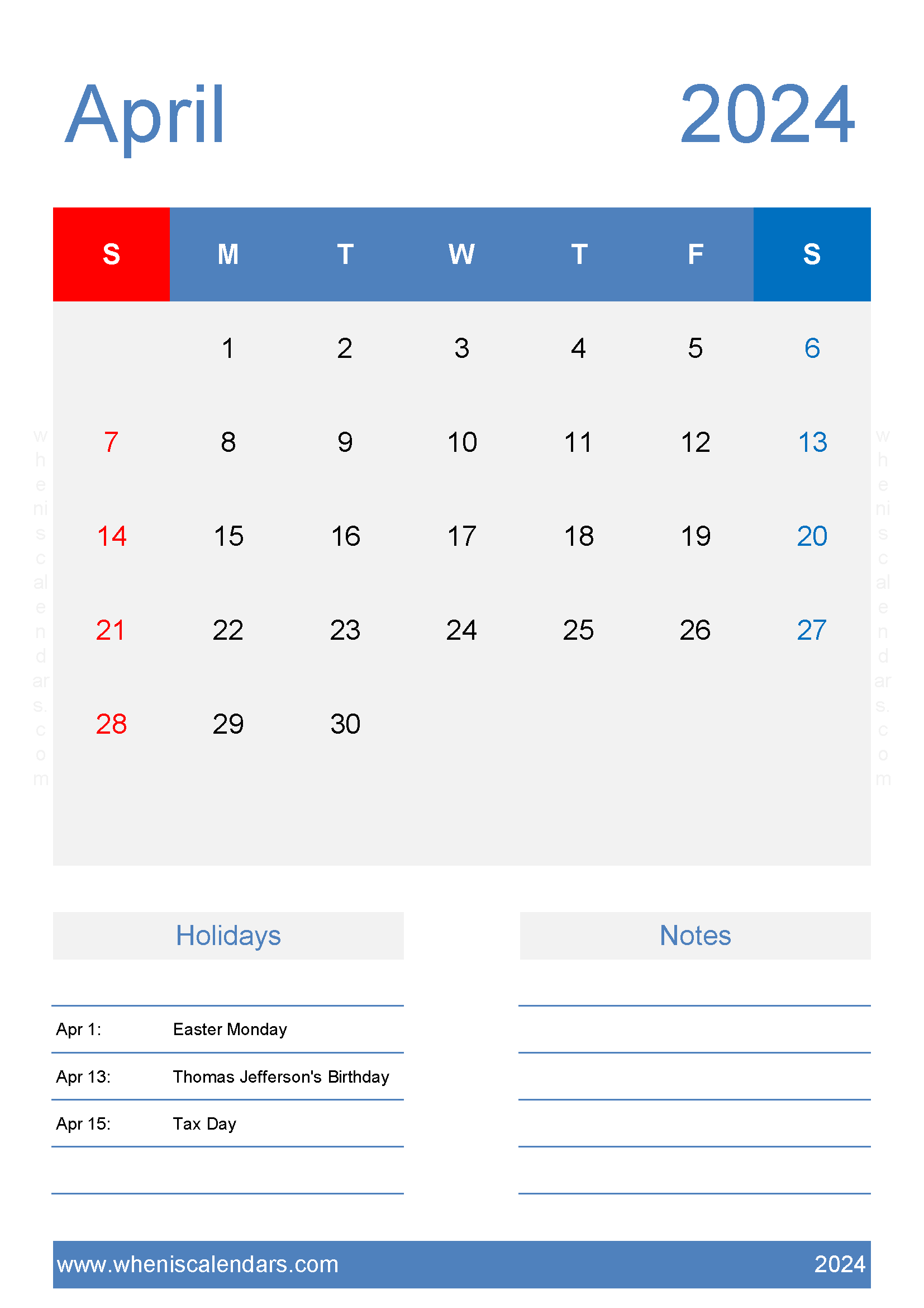 April 2024 Calendar Free download Monthly Calendar