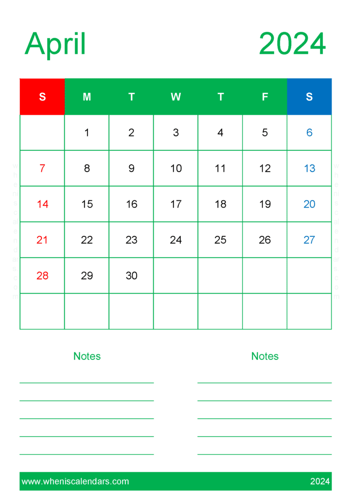 Download Editable April Calendar 2024 A4 Vertical A44227
