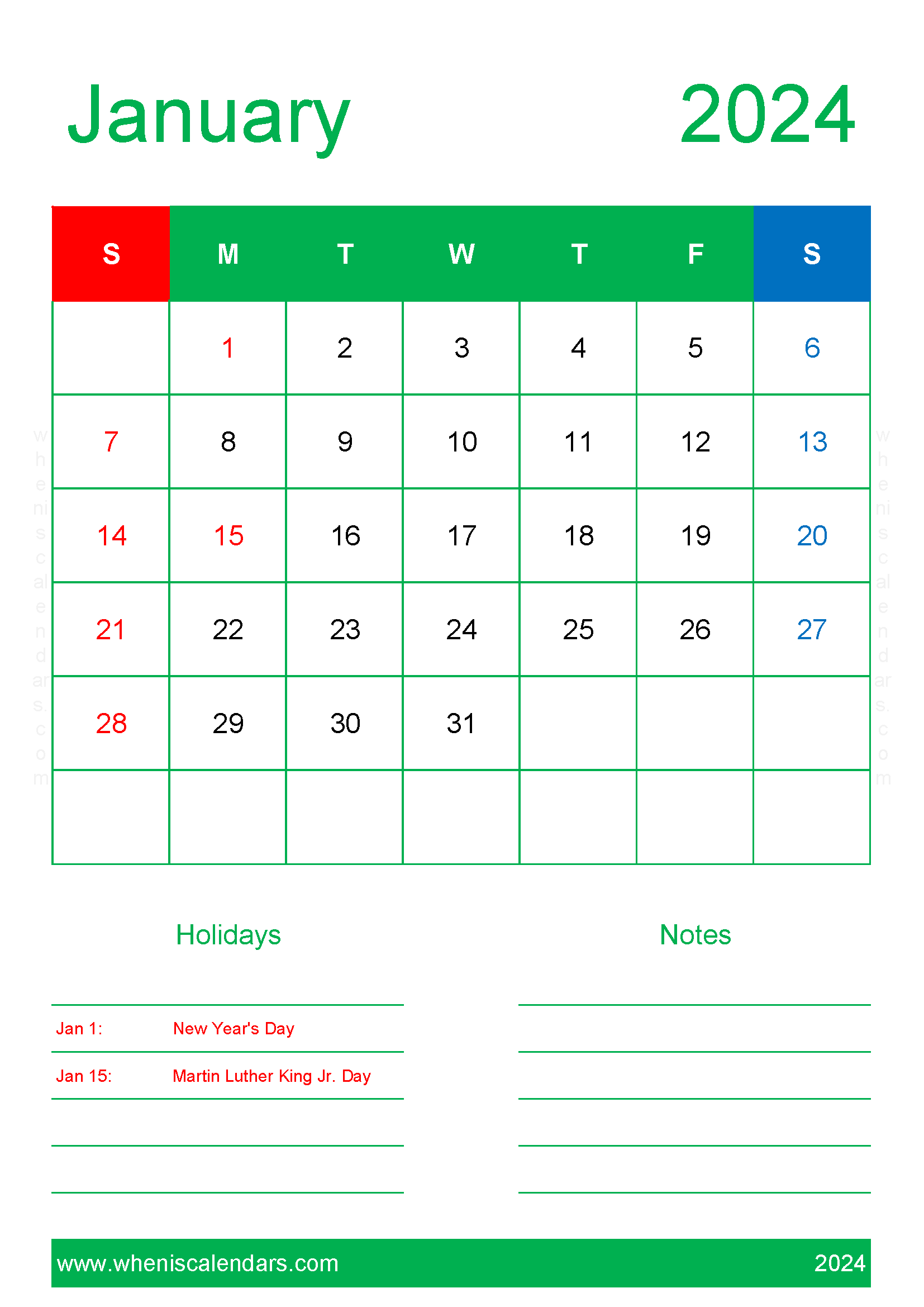 Printable monthly Calendar Jan 2024 Monthly Calendar
