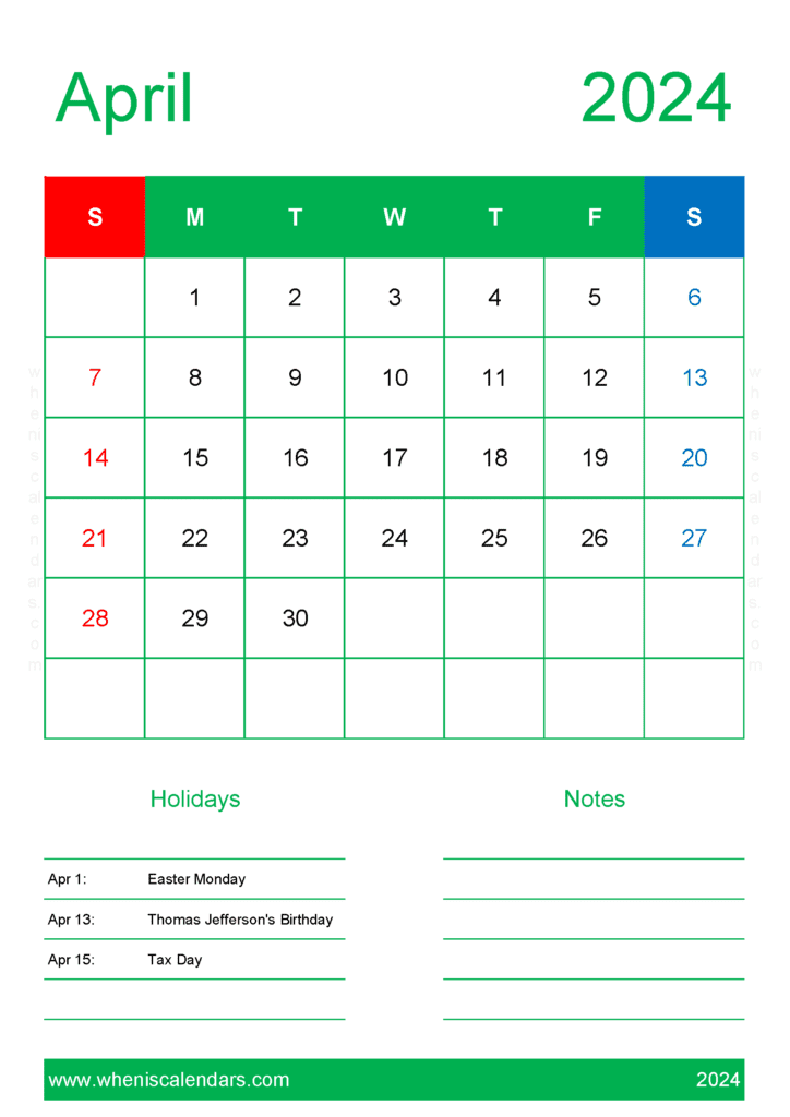 Printable Monthly Calendar Apr 2024 A44149