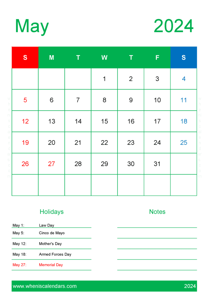 printable monthly Calendar May 2024 M54149