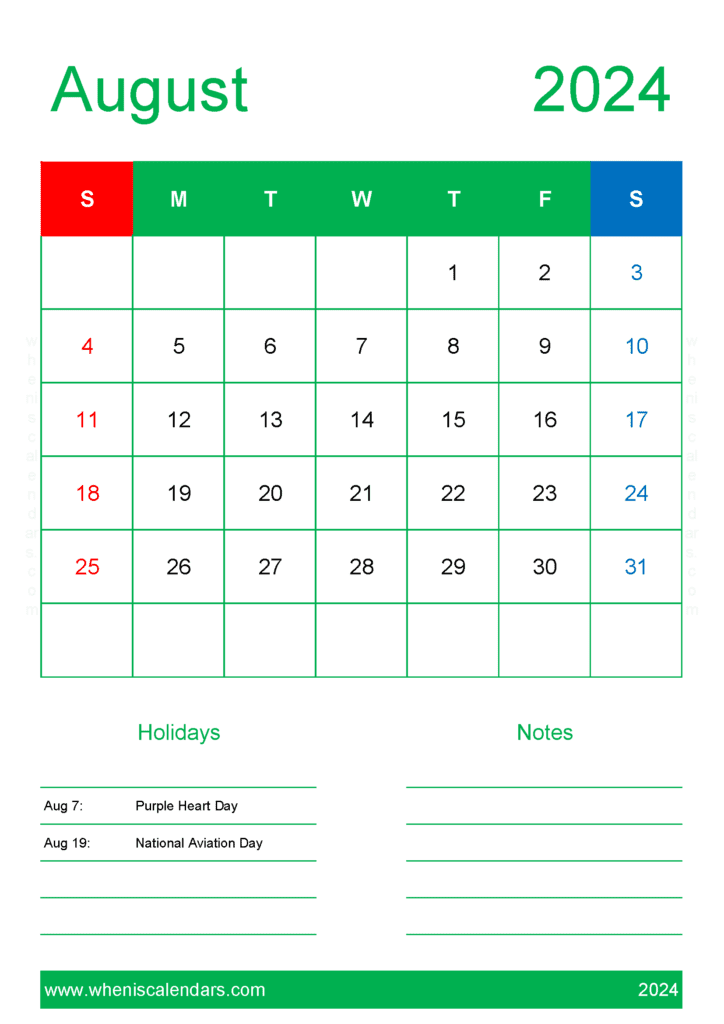 Printable monthly Calendar Aug 2024 Monthly Calendar