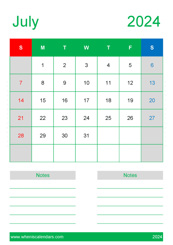 Download July 2024 Printable Calendars A4 Vertical J74230