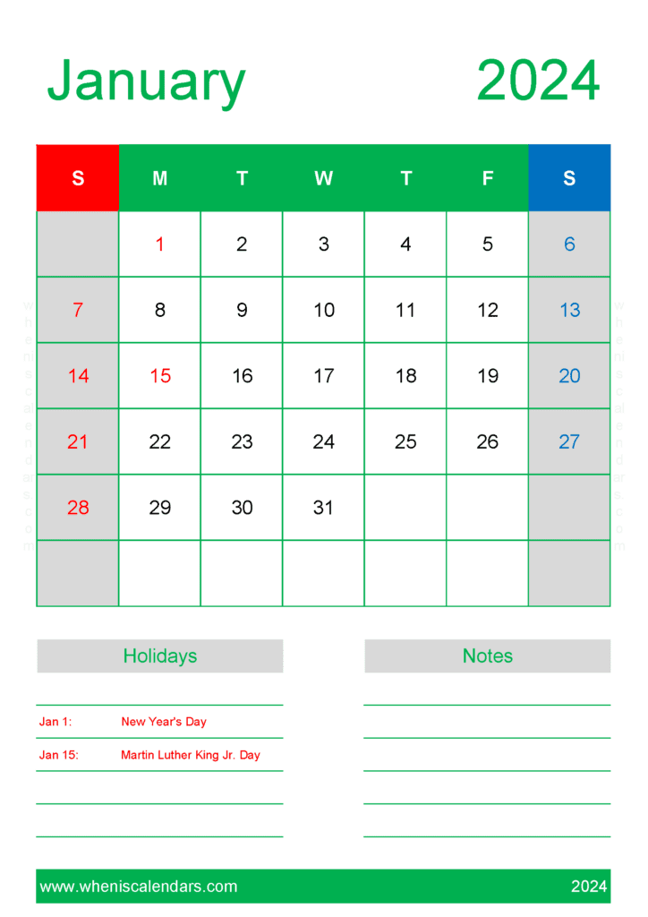 Free Calendar Template January 2024 Monthly Calendar