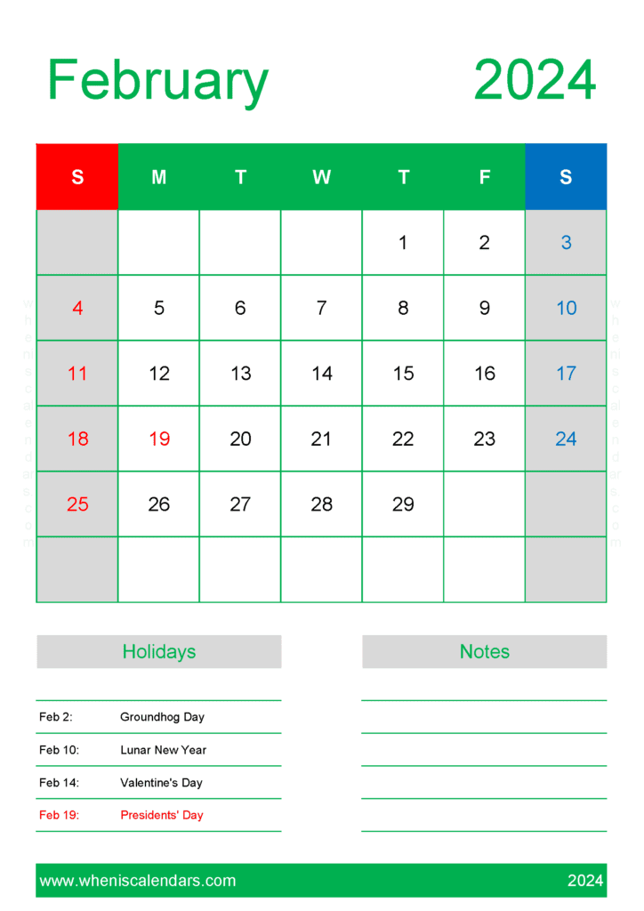 Download Free Calendar Template February 2024 A4 Vertical F4150