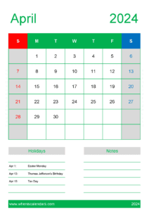 Free Calendar Template April 2024 J14150