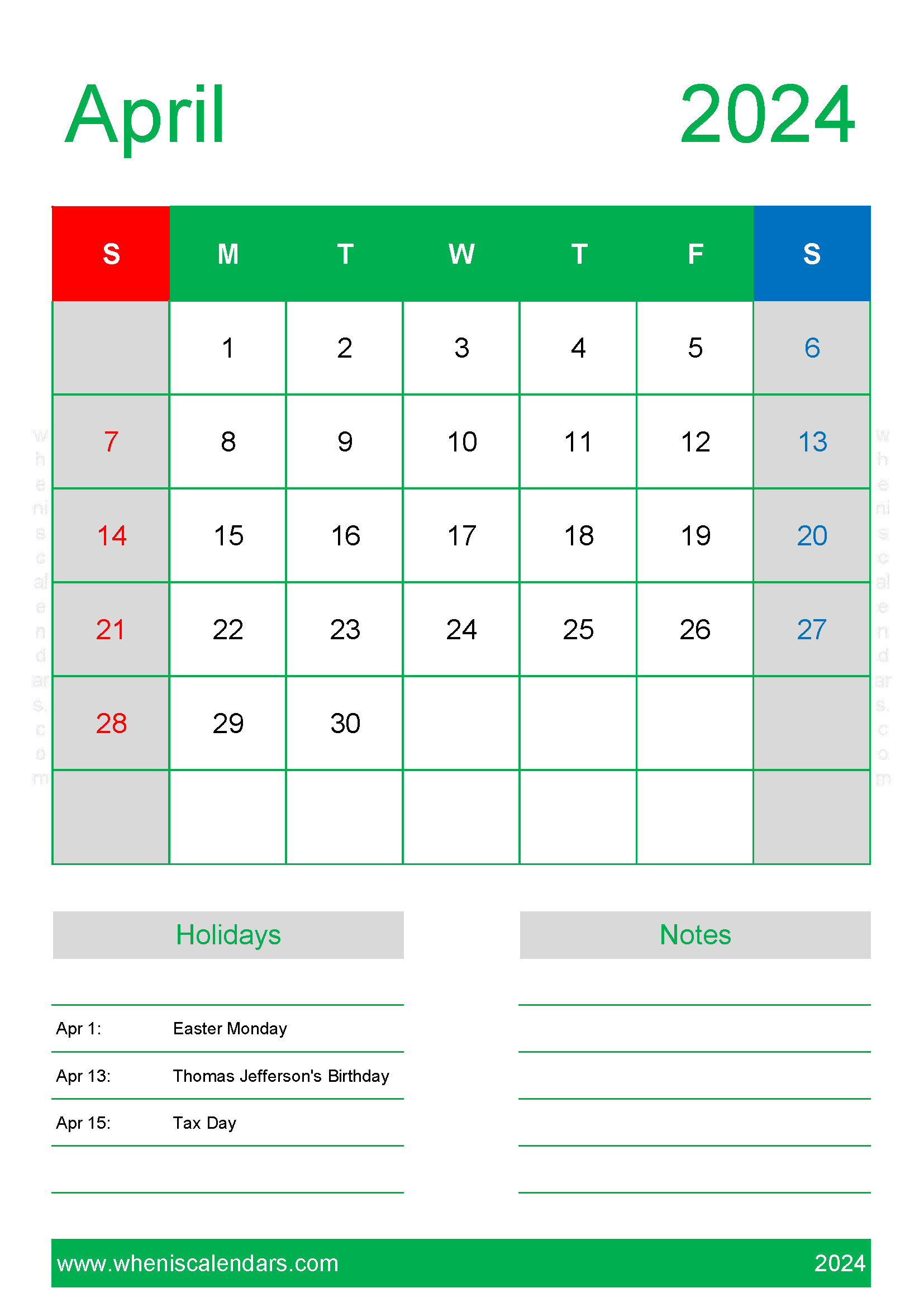 Free Calendar Template April 2024 Monthly Calendar