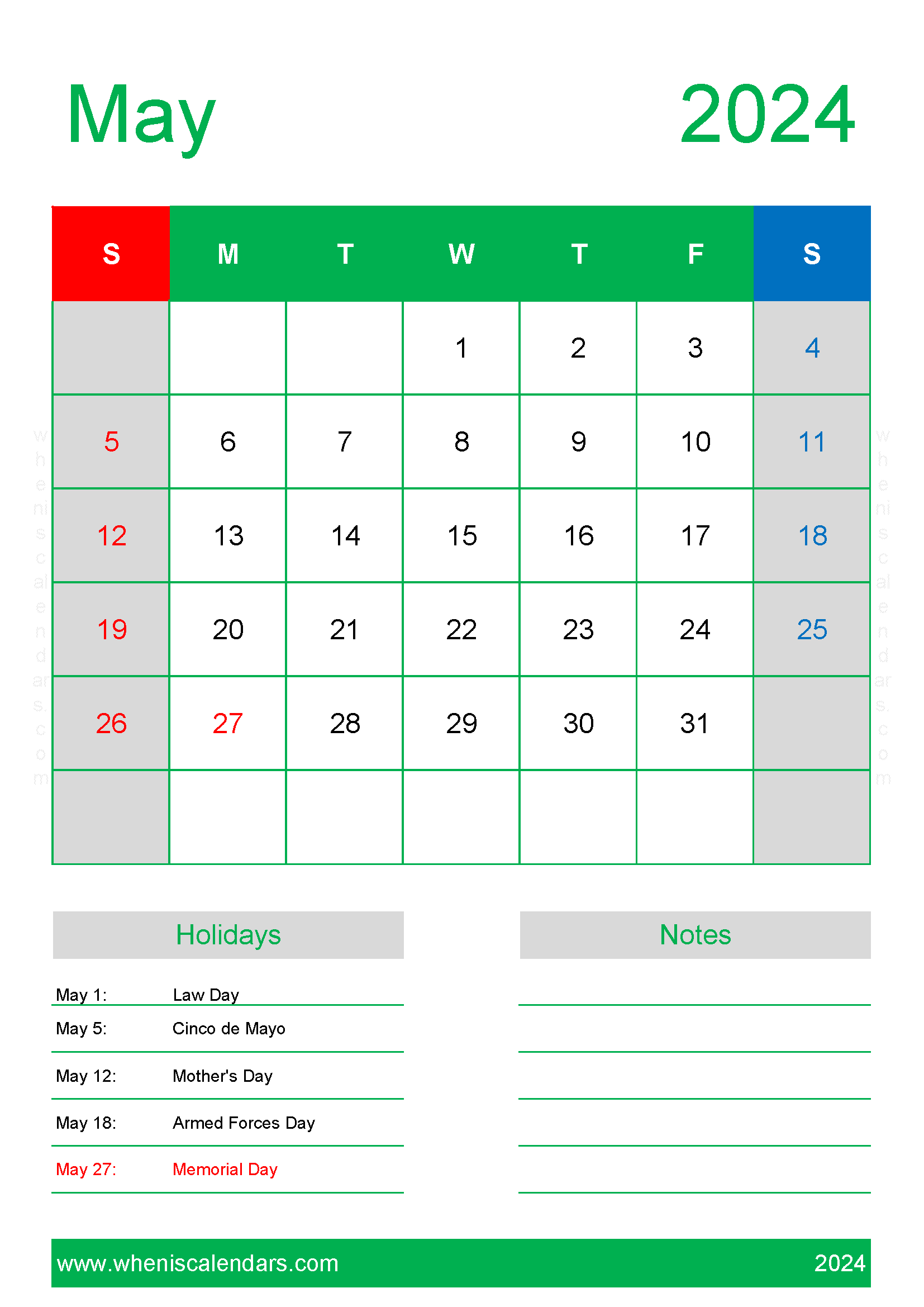 Free Calendar Template May 2024 Monthly Calendar