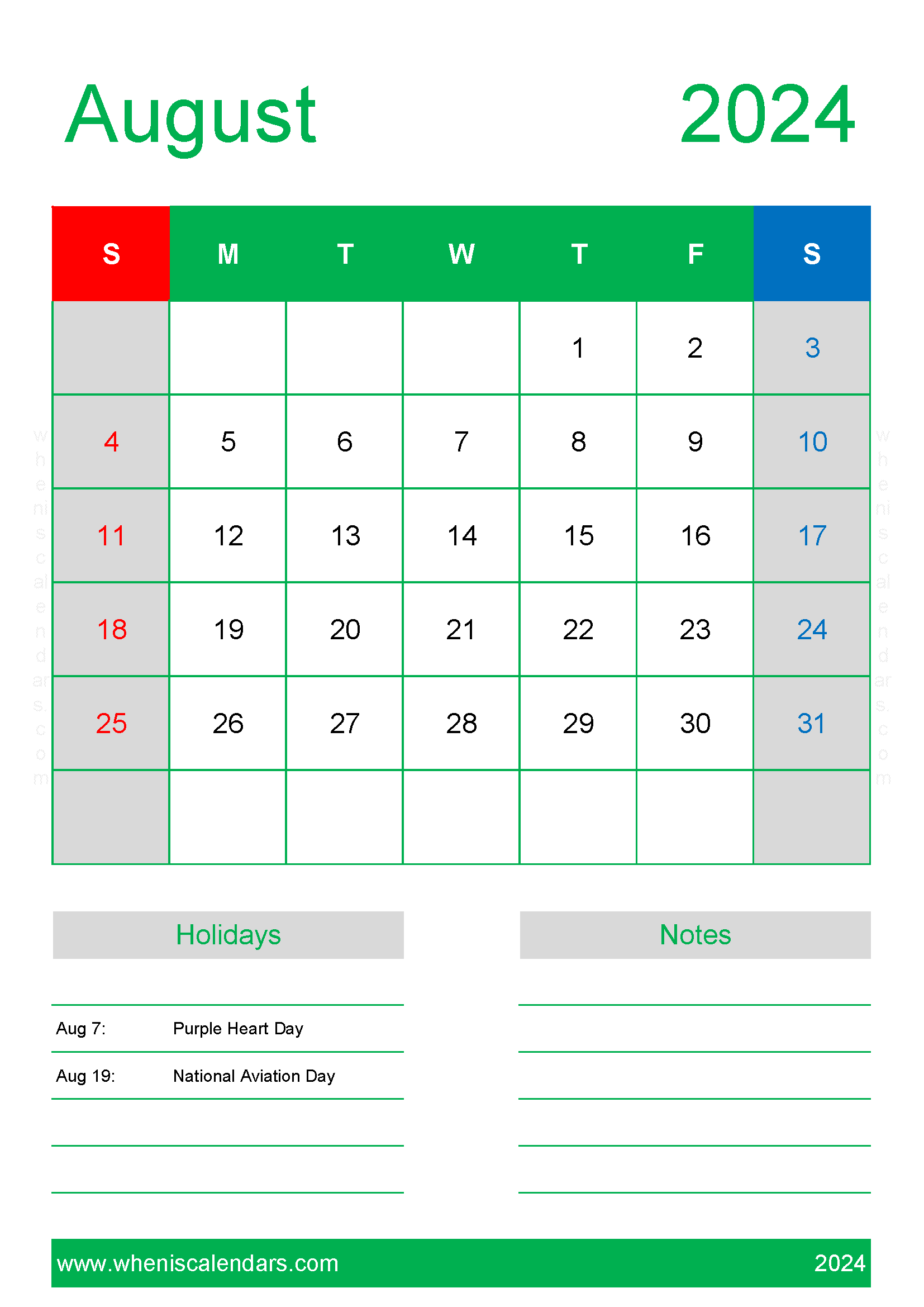 Free Calendar Template August 2024 Monthly Calendar