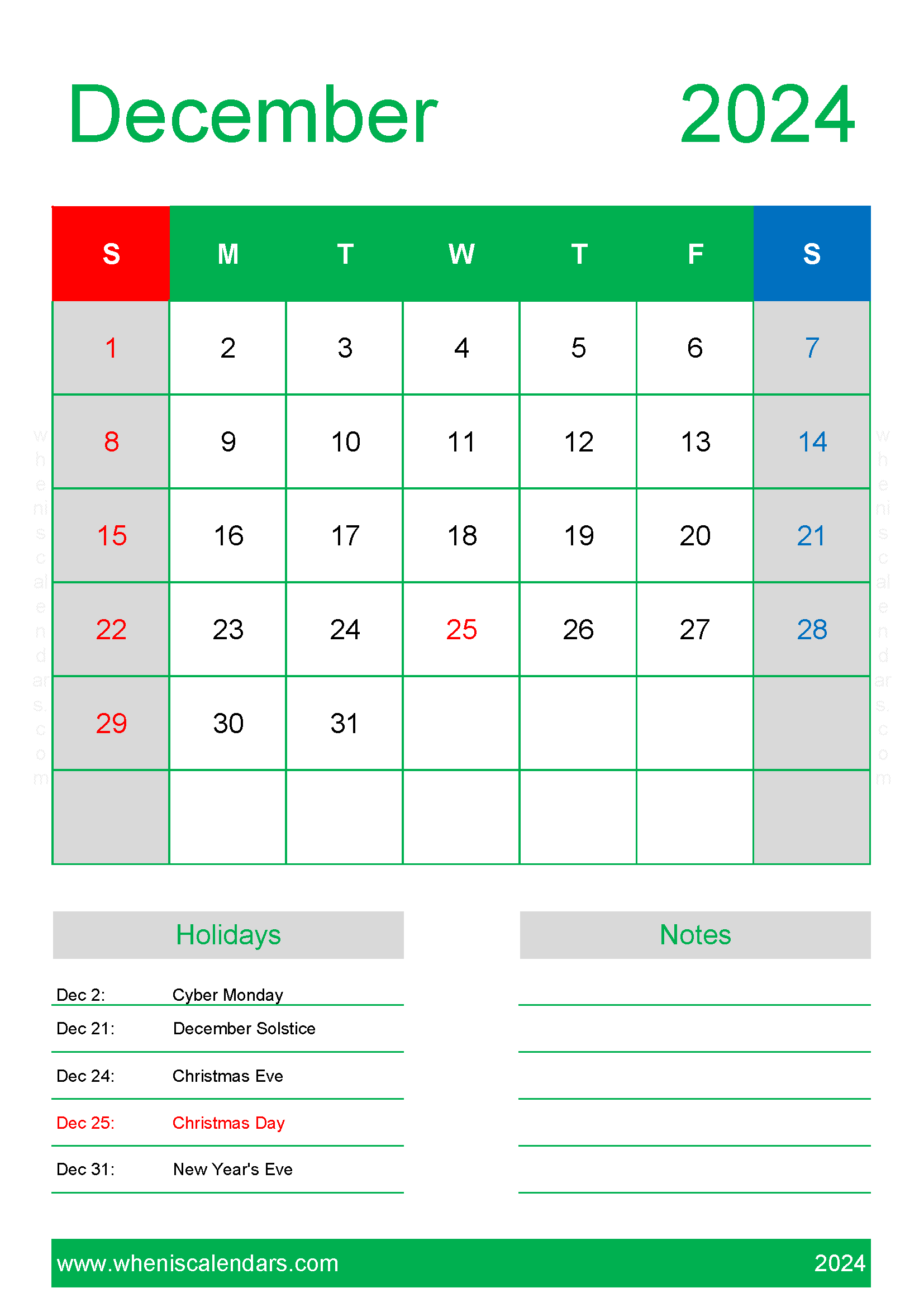 Free Calendar Template December 2024 Monthly Calendar