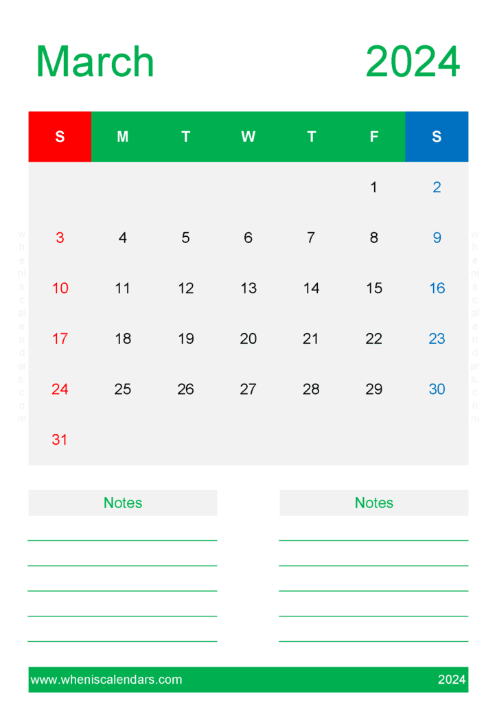 Download Calendar Blank March 2024 A4 Vertical M34232