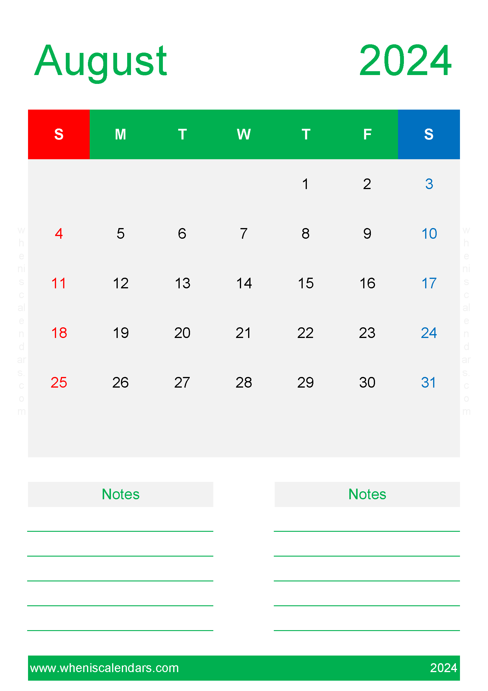 Calendar Blank August 2024 Monthly Calendar