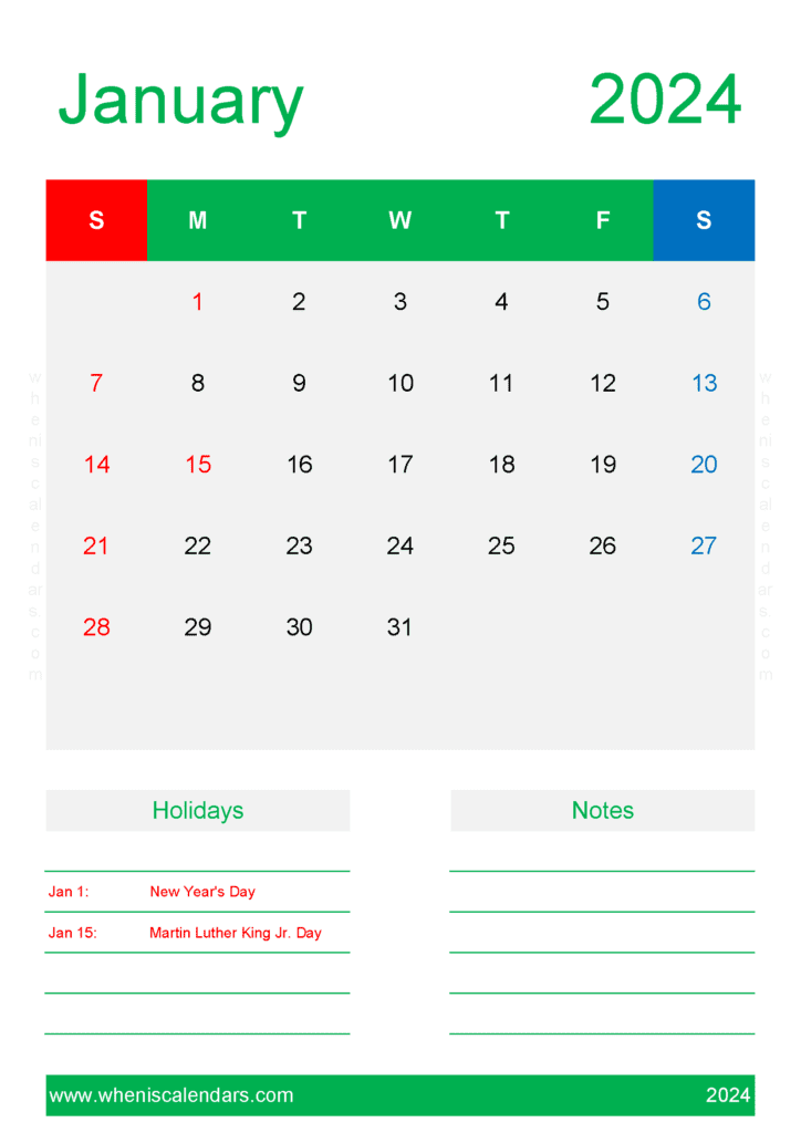 January Calendar 2024 excel Monthly Calendar