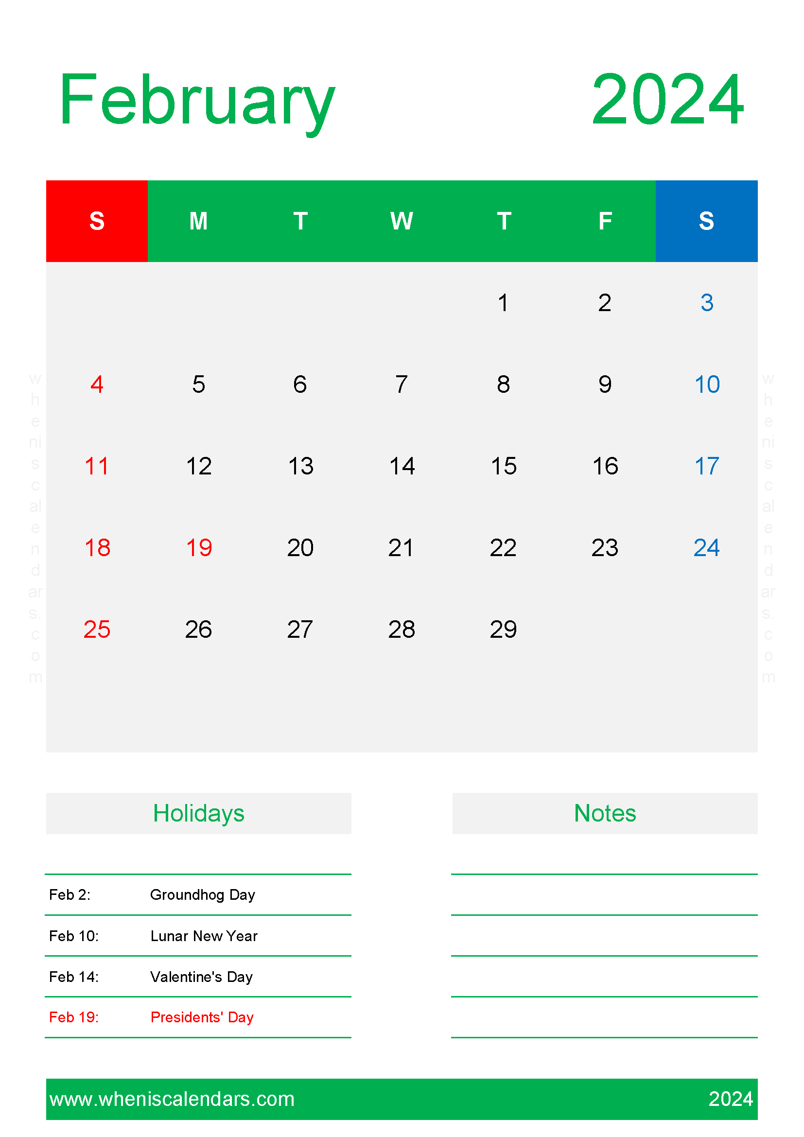 February Calendar 2024 excel Monthly Calendar