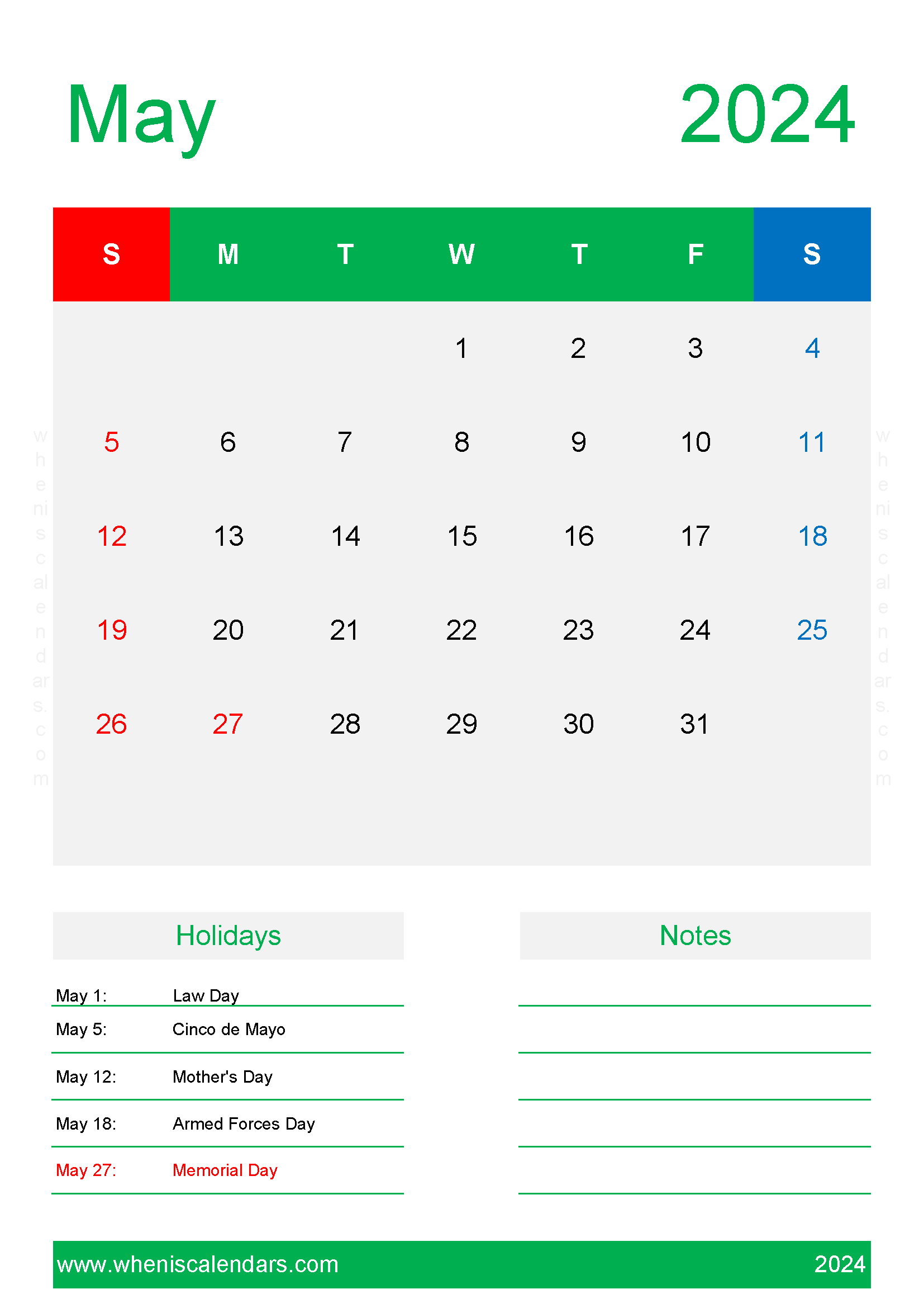 May Calendar 2024 excel Monthly Calendar
