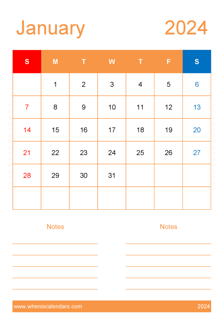 2024 January Calendar excel Monthly Calendar