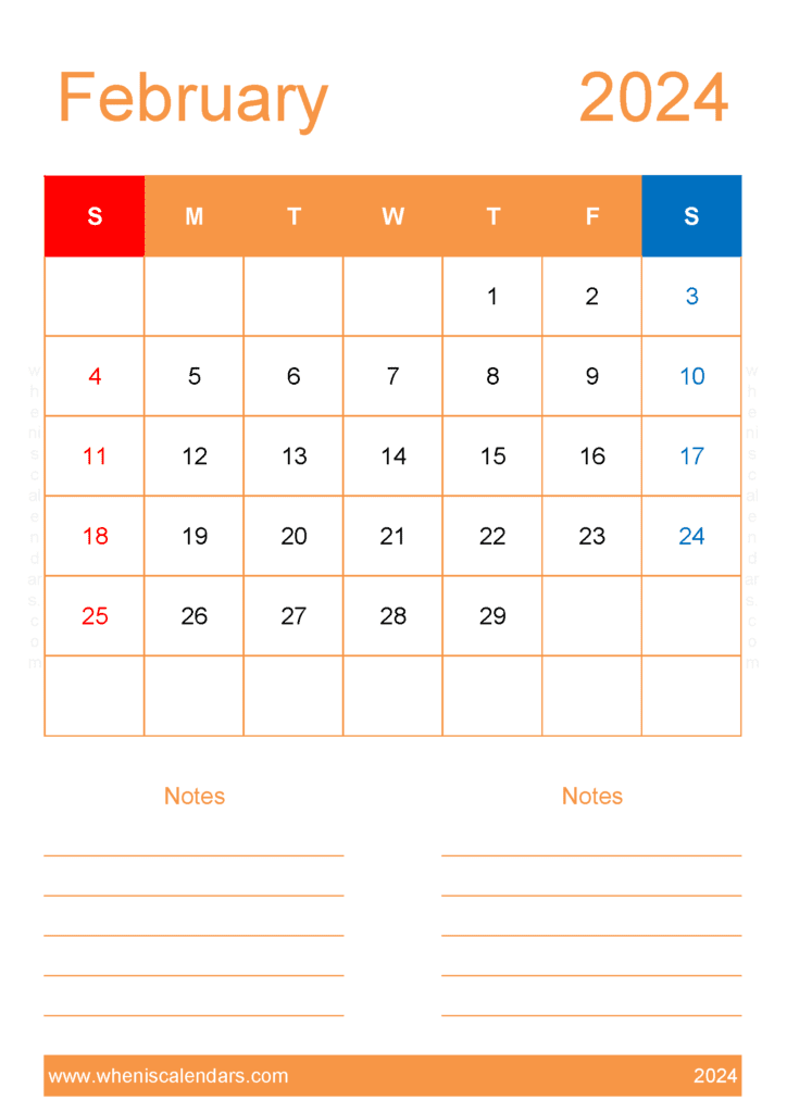 2024 February Calendar excel Monthly Calendar