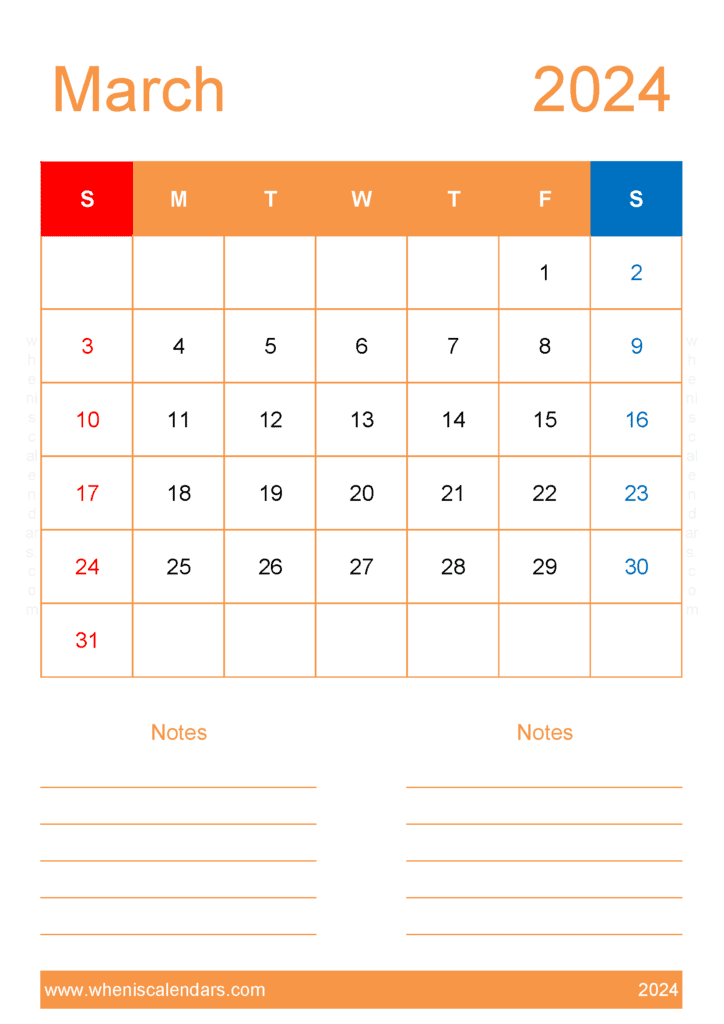 Download 2024 March Calendar excel A4 Vertical M34233