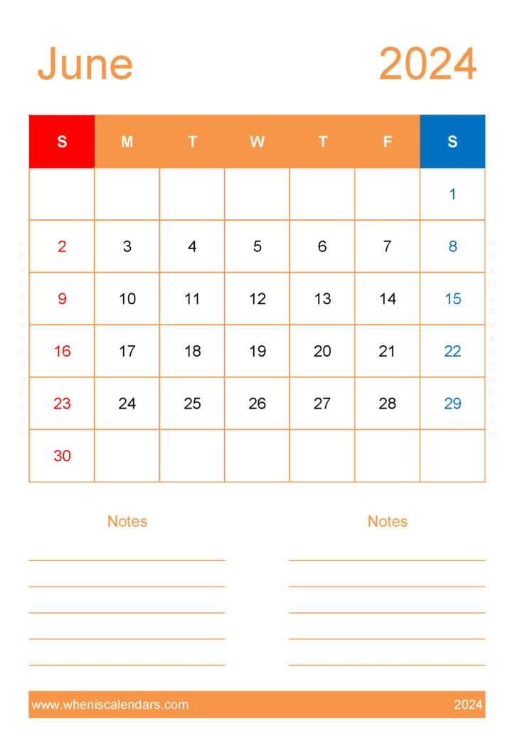 Download 2024 June Calendar excel A4 Vertical J64233