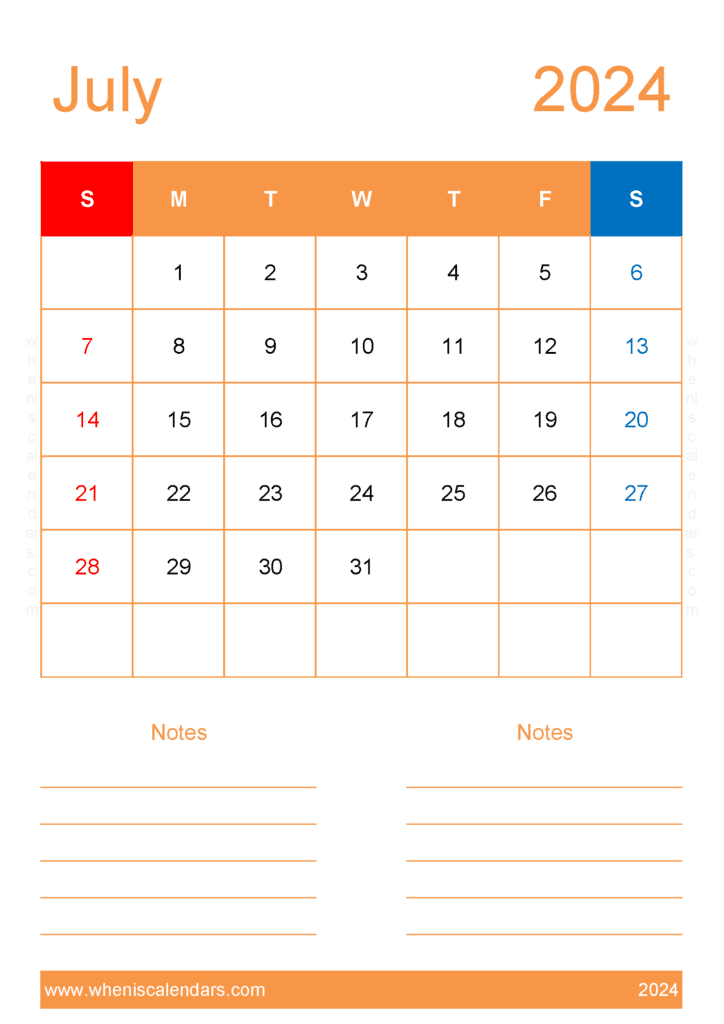 2024 July Calendar excel J74233