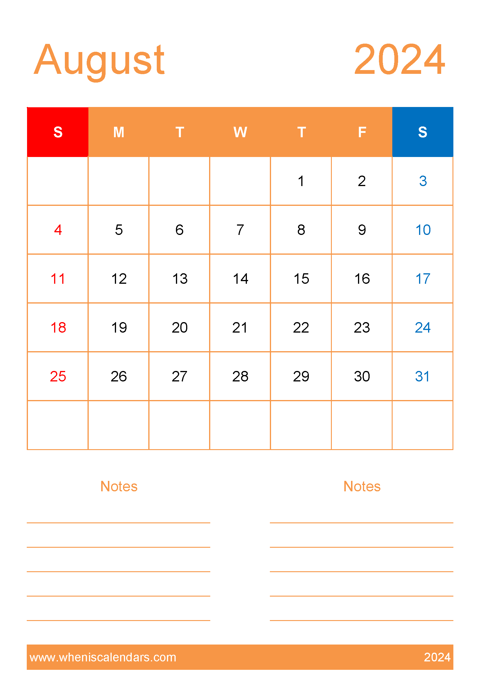 2024 August Calendar excel Monthly Calendar