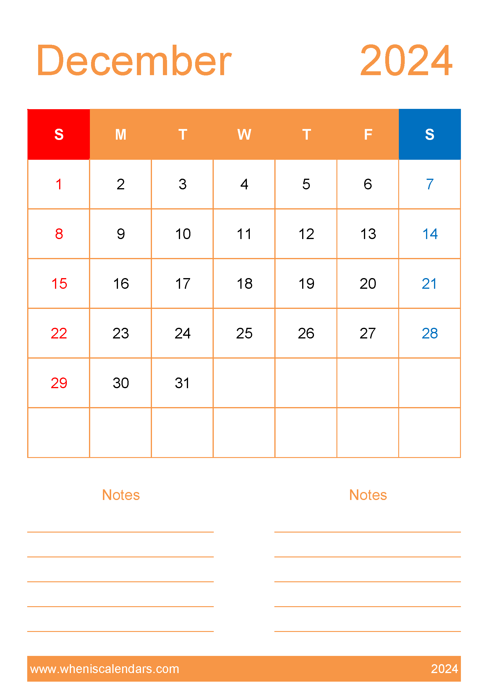2024 December Calendar excel Monthly Calendar