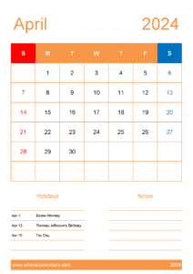 2024 April Calendar Printable Free J14153