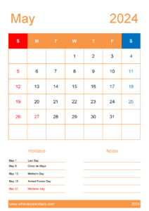 2024 May Calendar Printable Free J14153