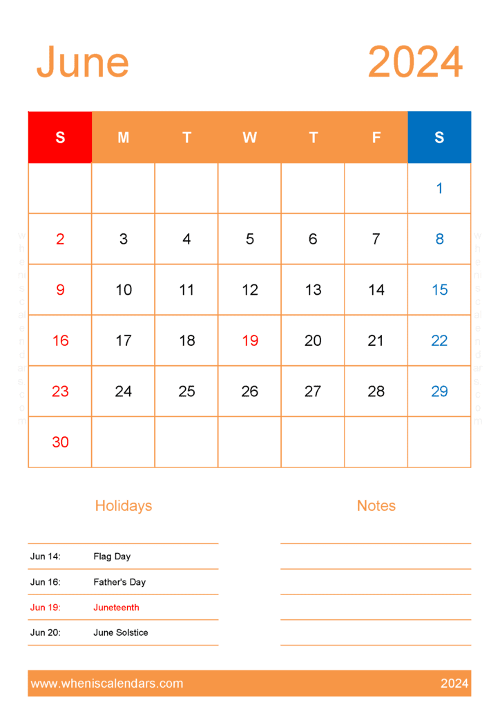 Download free June Calendar 2024 with Holidays printable A4 in Horizontal Landscape