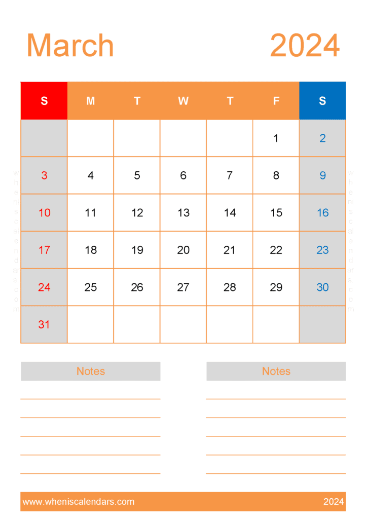 Download Free Printable Blank March 2024 Calendar A4 Vertical M34234