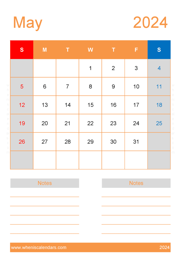 Free printable Blank May 2024 Calendar M54234