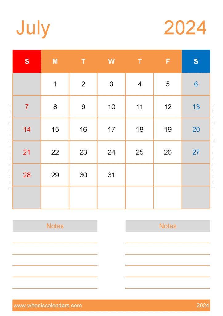 Download Free Printable Blank July 2024 Calendar A4 Vertical J74234