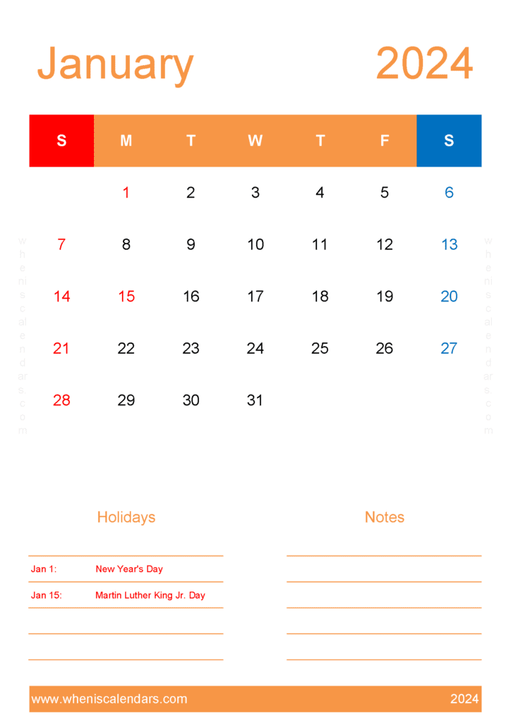 January 2024 Calendar Template word Monthly Calendar