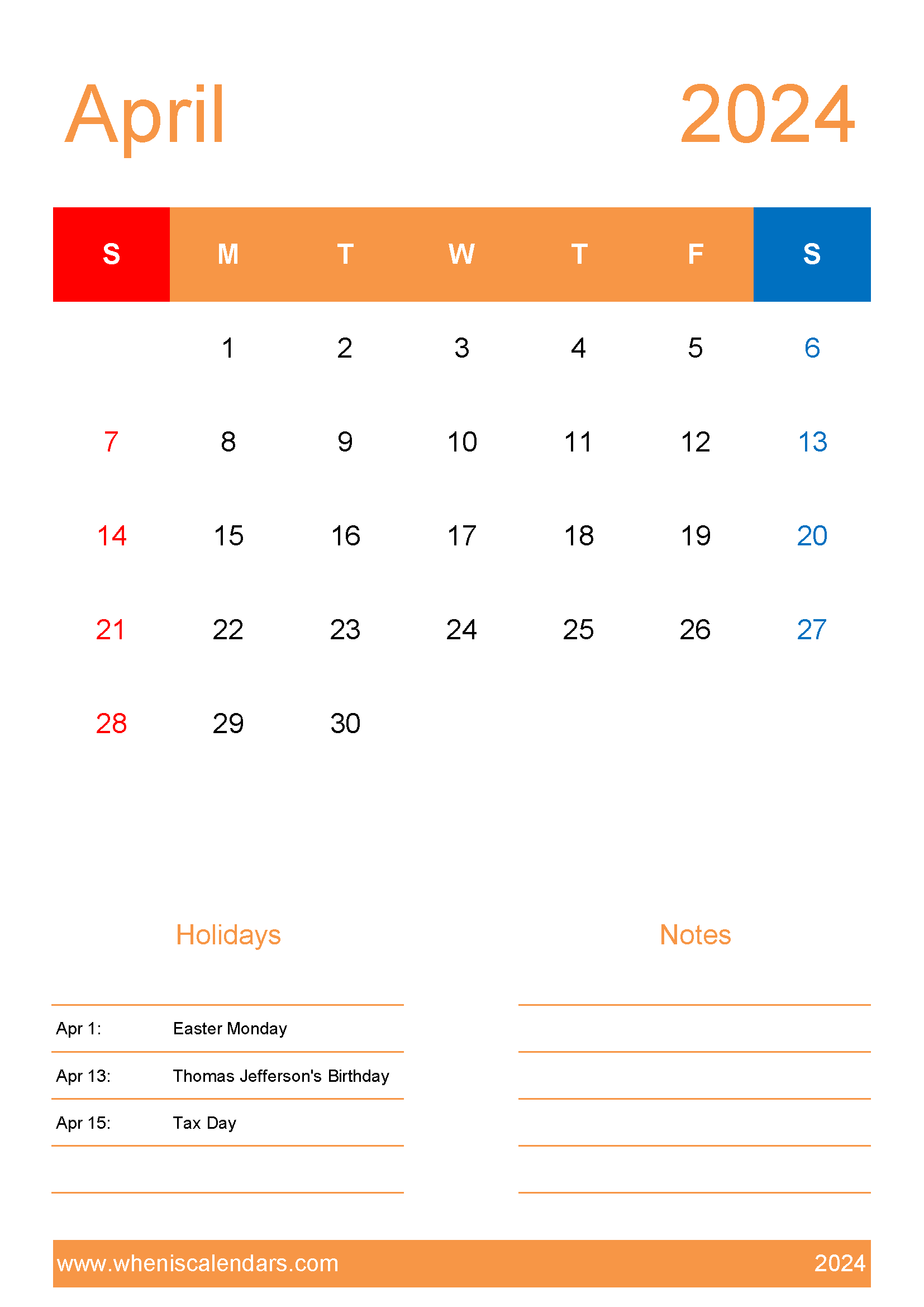 April 2024 Calendar Template word Monthly Calendar