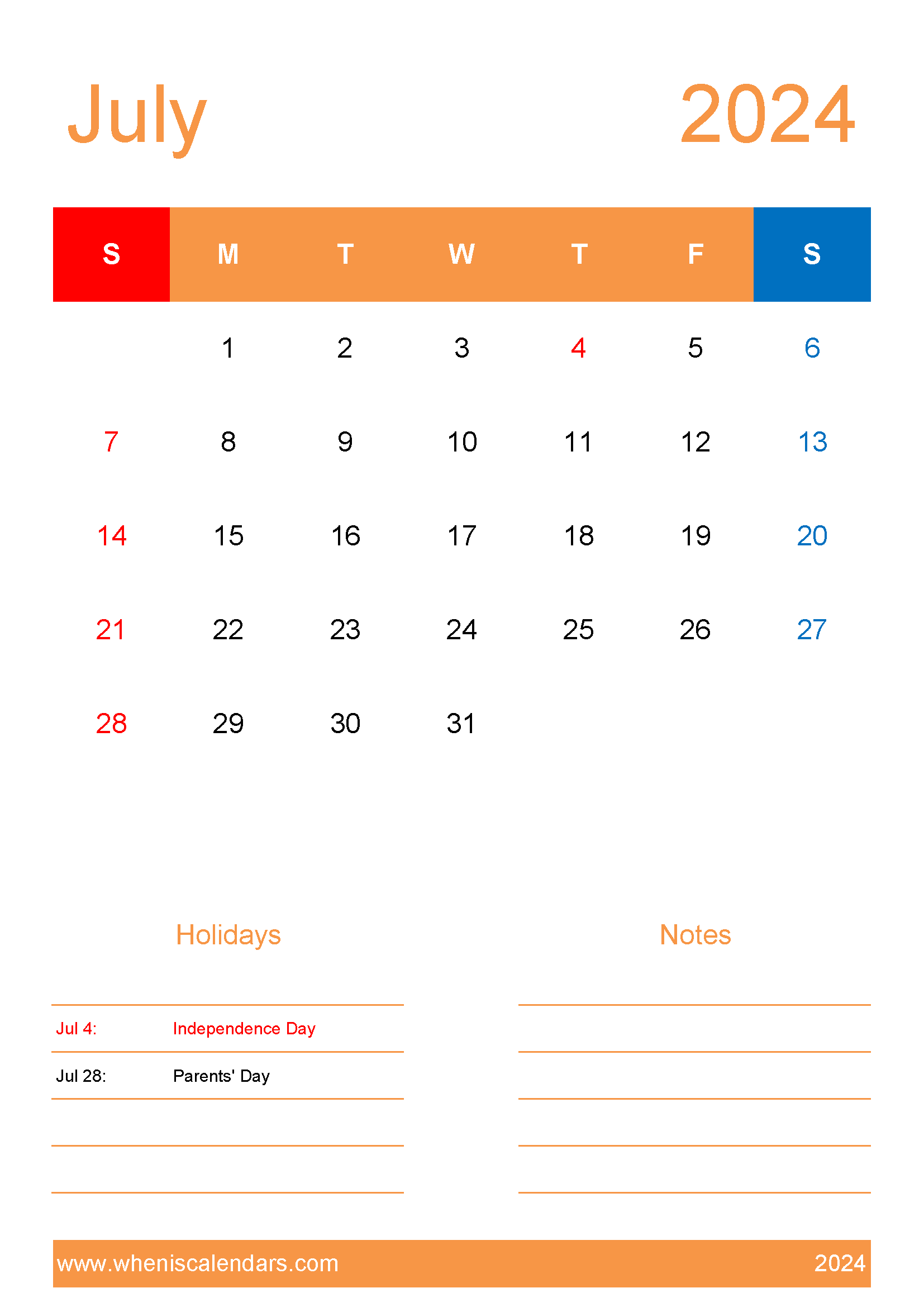 July 2024 Calendar Template word Monthly Calendar