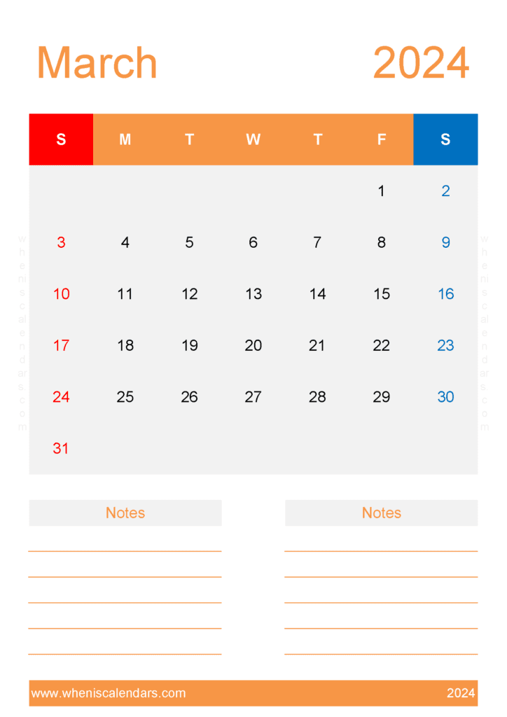 Download Free Blank Calendar Template March 2024 A4 Vertical M34236