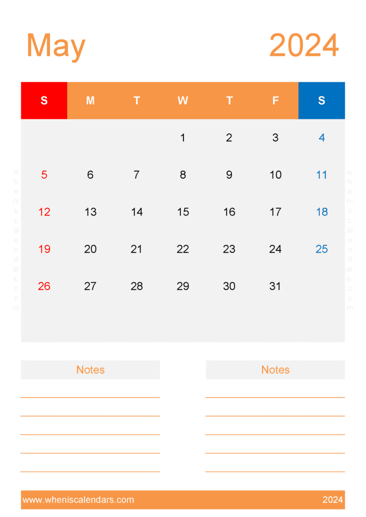 Free Blank Calendar template May 2024 M54236