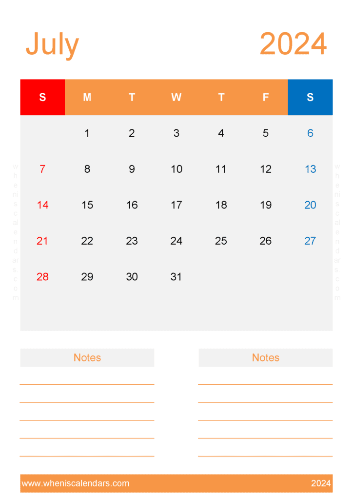 Download Free Blank Calendar Template July 2024 A4 Vertical J74236