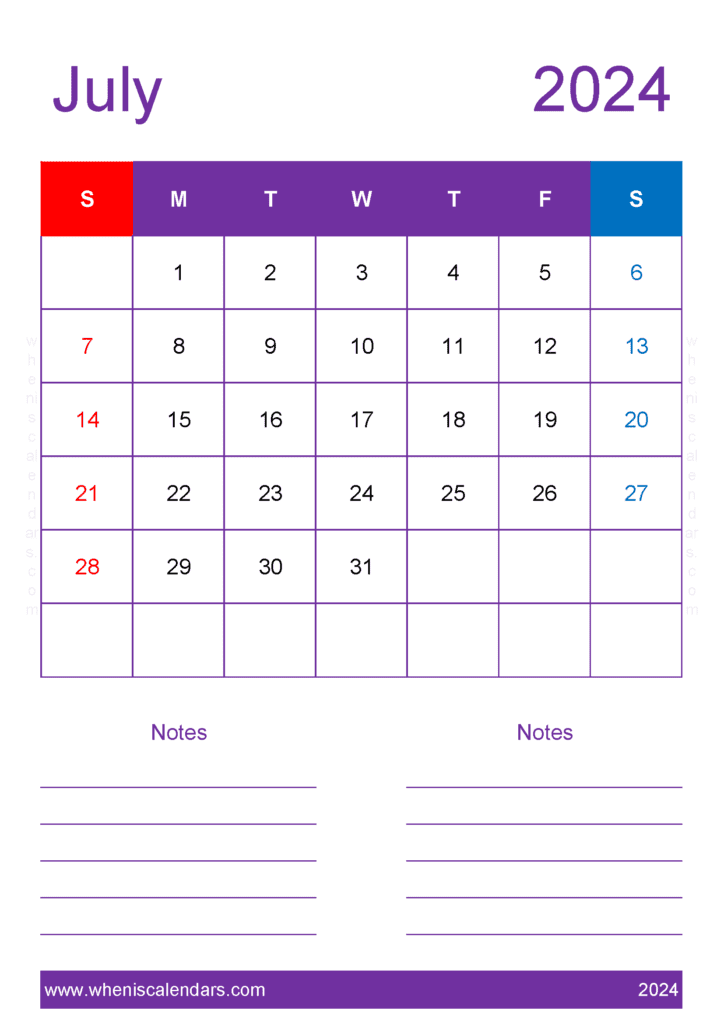 Download July 2024 Calendar with bank Holidays A4 Vertical J74237